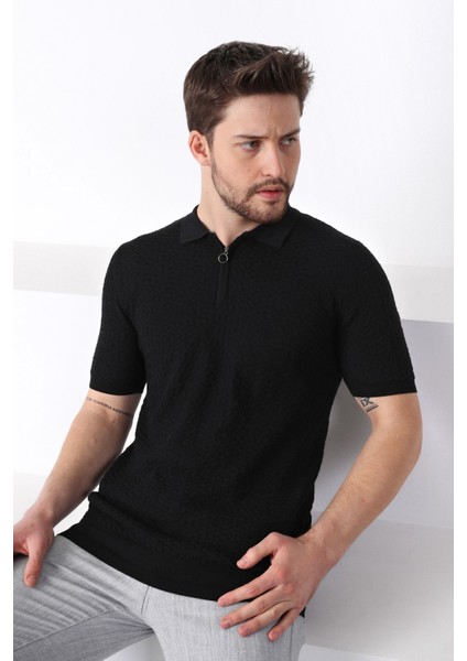 Siyah Polo Yaka Fermuarlı Erkek Pamuk Triko T-Shirt modelleri