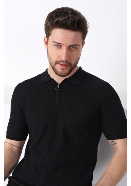 Siyah Polo Yaka Fermuarlı Erkek Pamuk Triko T-Shirt fırsatları