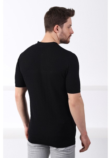 Siyah Polo Yaka Fermuarlı Erkek Pamuk Triko T-Shirt indirimleri