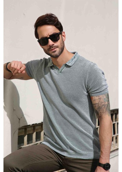 Yeşil/ekru Kuşgözü Desenli Polo Yaka Erkek Triko T-Shirt