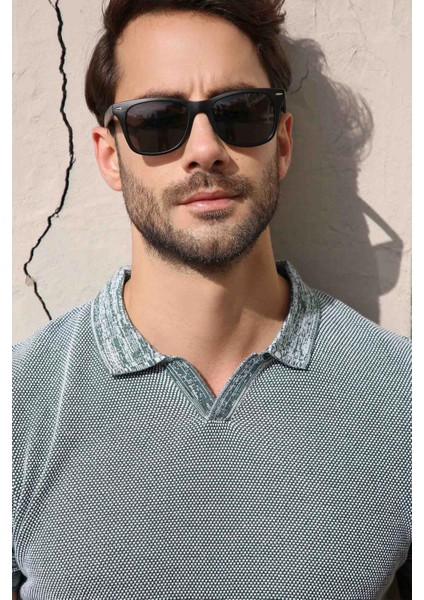 Yeşil/ekru Kuşgözü Desenli Polo Yaka Erkek Triko T-Shirt