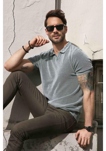Yeşil/ekru Kuşgözü Desenli Polo Yaka Erkek Triko T-Shirt