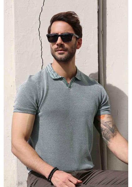 Yeşil/ekru Kuşgözü Desenli Polo Yaka Erkek Triko T-Shirt
