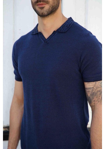 Saks/siyah Kuşgözü Desenli Polo Yaka Erkek Triko T-Shirt fiyatları