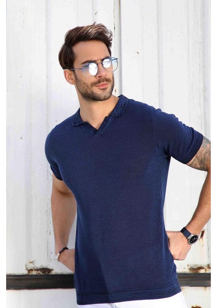 Saks/siyah Kuşgözü Desenli Polo Yaka Erkek Triko T-Shirt modelleri