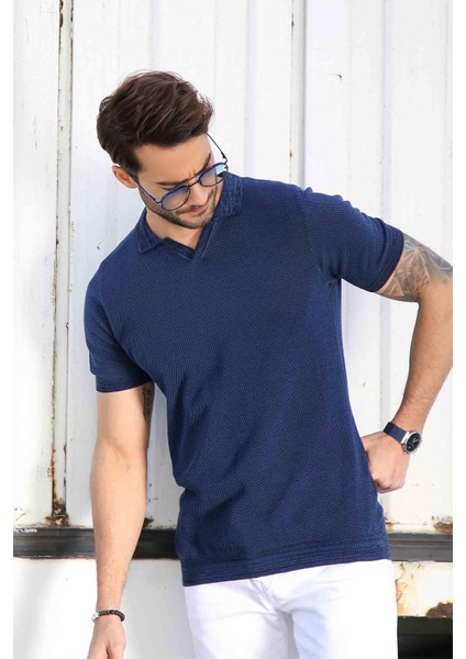 Saks/siyah Kuşgözü Desenli Polo Yaka Erkek Triko T-Shirt indirimleri