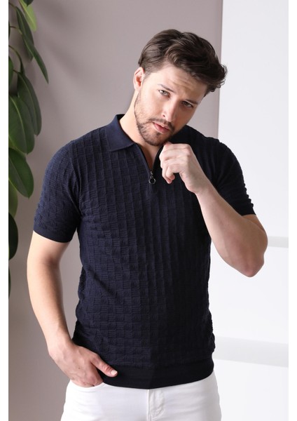 Lacivert Polo Yaka Fermuarlı Erkek Pamuk Triko T-Shirt