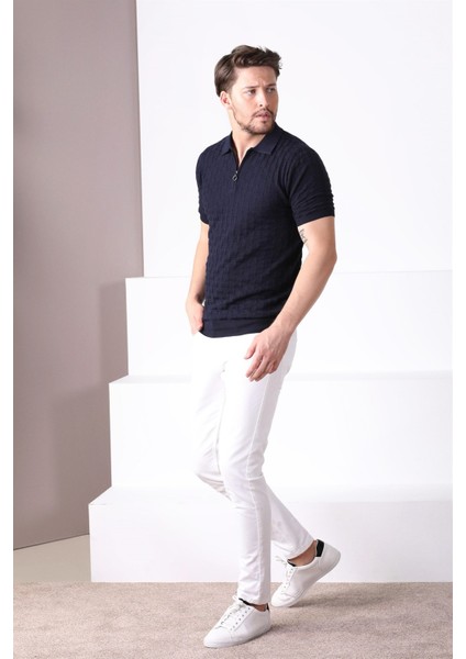 Lacivert Polo Yaka Fermuarlı Erkek Pamuk Triko T-Shirt fiyatları