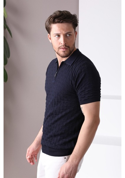 Lacivert Polo Yaka Fermuarlı Erkek Pamuk Triko T-Shirt modelleri