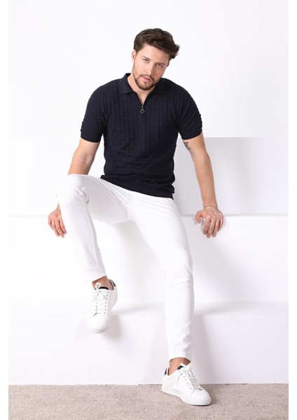 Lacivert Polo Yaka Fermuarlı Erkek Pamuk Triko T-Shirt fırsatları