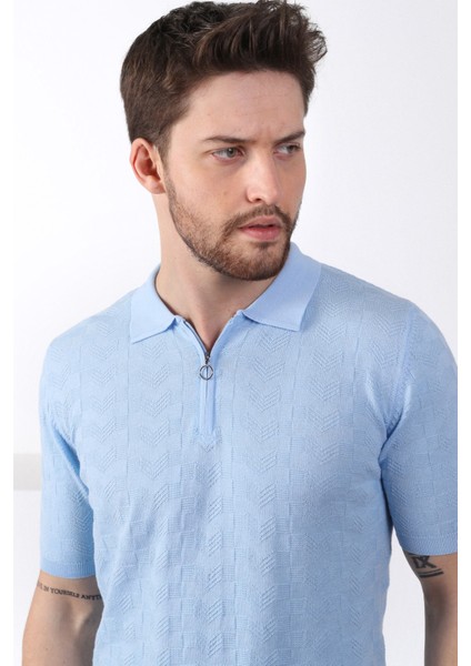 Mavi Polo Yaka Fermuarlı Erkek Pamuk Triko T-Shirt modelleri