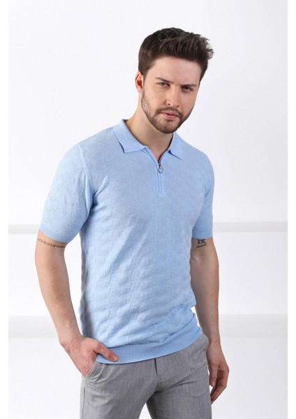 Mavi Polo Yaka Fermuarlı Erkek Pamuk Triko T-Shirt fırsatları