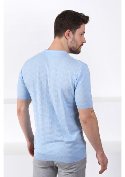 Mavi Polo Yaka Fermuarlı Erkek Pamuk Triko T-Shirt indirimleri