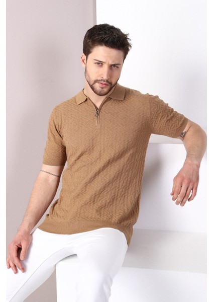 Camel Polo Yaka Fermuarlı Erkek Pamuk Triko T-Shirt