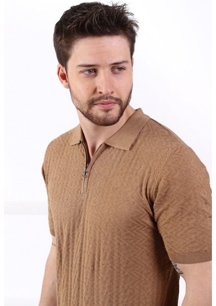 Camel Polo Yaka Fermuarlı Erkek Pamuk Triko T-Shirt