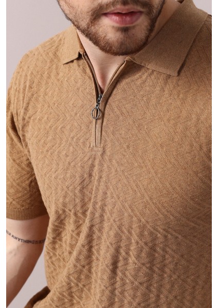 Camel Polo Yaka Fermuarlı Erkek Pamuk Triko T-Shirt