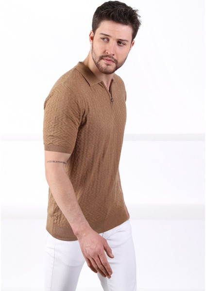 Camel Polo Yaka Fermuarlı Erkek Pamuk Triko T-Shirt