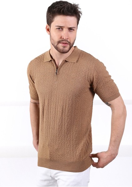 Camel Polo Yaka Fermuarlı Erkek Pamuk Triko T-Shirt