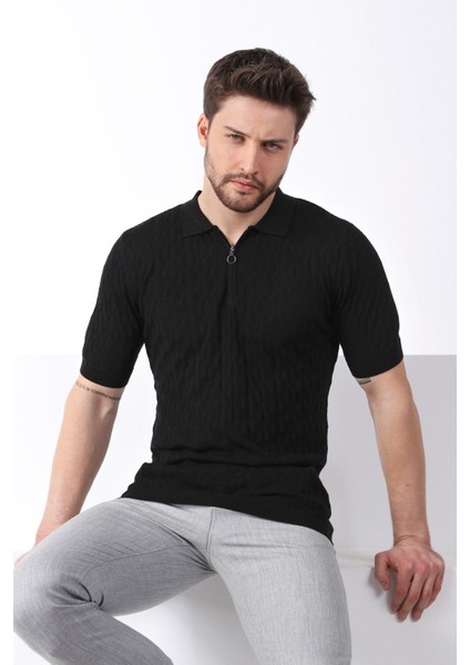 Siyah Polo Yaka Fermuarlı Erkek Pamuk Triko T-Shirt