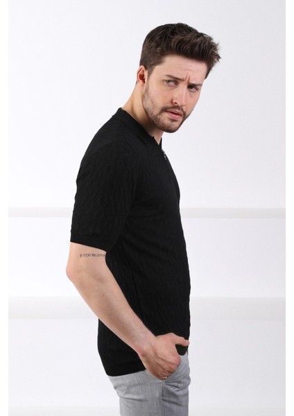 Siyah Polo Yaka Fermuarlı Erkek Pamuk Triko T-Shirt fiyatları