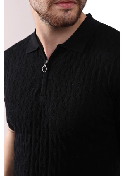 Siyah Polo Yaka Fermuarlı Erkek Pamuk Triko T-Shirt modelleri