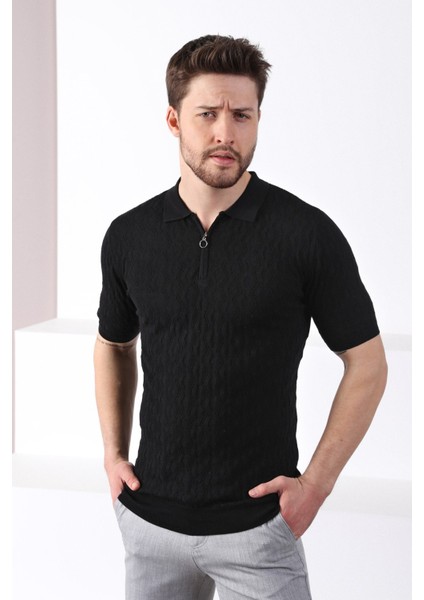 Siyah Polo Yaka Fermuarlı Erkek Pamuk Triko T-Shirt fırsatları