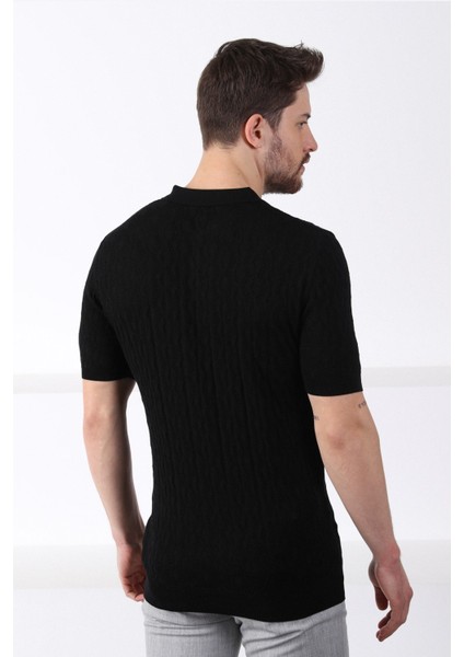 Siyah Polo Yaka Fermuarlı Erkek Pamuk Triko T-Shirt indirimleri