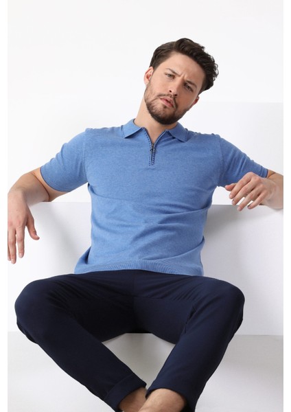 A.havacı Polo Yaka Fermuarlı Erkek Pamuk Triko T-Shirt