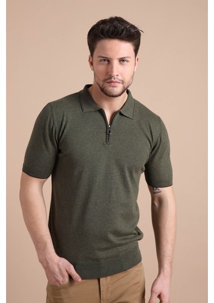 Haki Polo Yaka Fermuarlı Erkek Pamuk Triko T-Shirt fiyatları