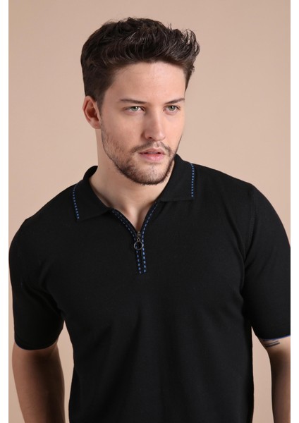 Siyah Polo Yaka Fermuarlı Erkek Pamuk Triko T-Shirt fiyatları