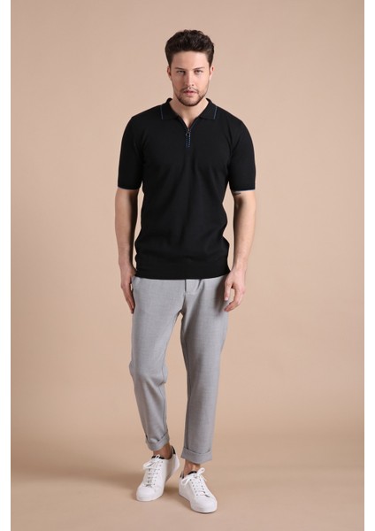 Siyah Polo Yaka Fermuarlı Erkek Pamuk Triko T-Shirt modelleri