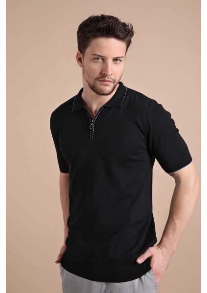 Siyah Polo Yaka Fermuarlı Erkek Pamuk Triko T-Shirt indirimleri
