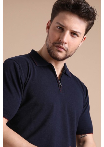 Lacivert Polo Yaka Fermuarlı Erkek Pamuk Triko T-Shirt fiyatları