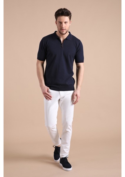 Lacivert Polo Yaka Fermuarlı Erkek Pamuk Triko T-Shirt modelleri