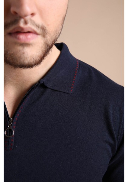 Lacivert Polo Yaka Fermuarlı Erkek Pamuk Triko T-Shirt indirimleri
