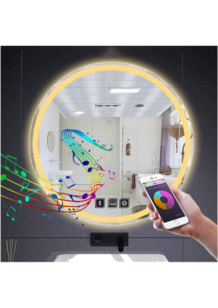 Global Led Mirror 90 cm Bluetoothlu Dokunmatik Tuşlu Buğu Yapmayan Ledli Yuvarlak Banyo Aynası