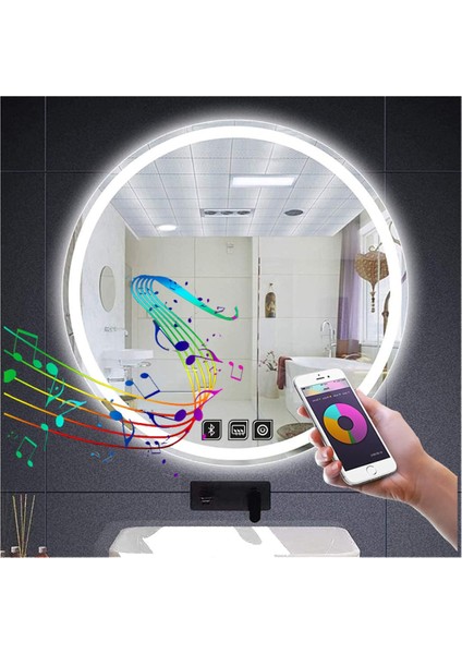 Global Led Mirror 90 cm Bluetoothlu Dokunmatik Tuşlu Buğu Yapmayan Ledli Yuvarlak Banyo Aynası