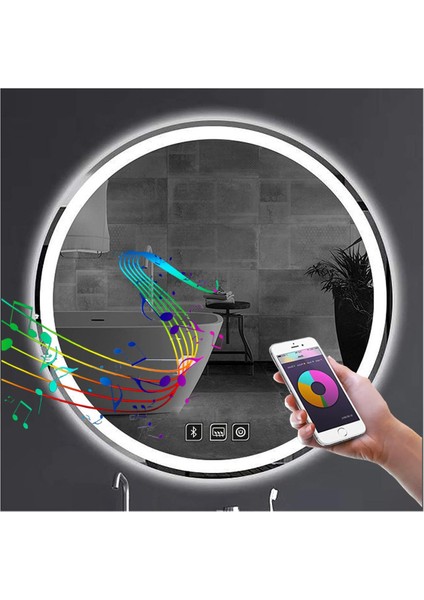 Global Led Mirror 90 cm Bluetoothlu Dokunmatik Tuşlu Buğu Yapmayan Ledli Yuvarlak Banyo Aynası