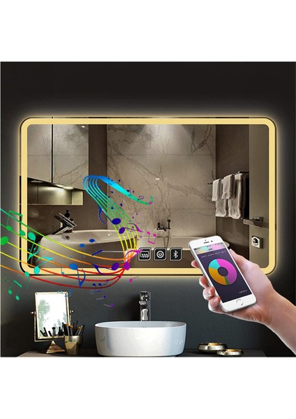 Global Led Mirror 80X120 cm Bluetoothlu Dokunmatik Tuşlu Buğu Yapmayan Ledli Banyo Aynası