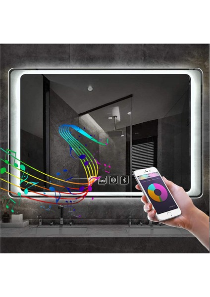 Global Led Mirror 80X120 cm Bluetoothlu Dokunmatik Tuşlu Buğu Yapmayan Ledli Banyo Aynası