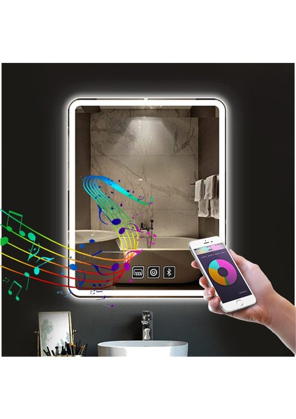 65X90 cm Müzik Çalarlı Dokunmatik Tuşlu Buğu Çözücü Ledli Banyo Aynası