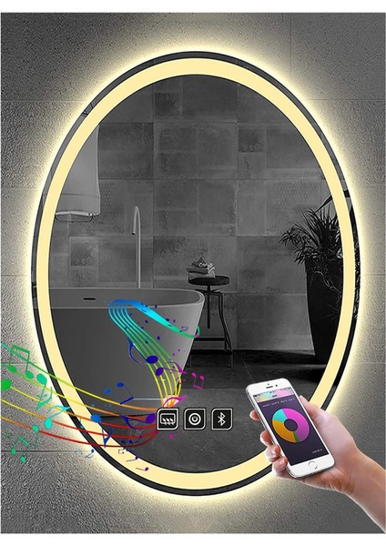 73X93 cm Müzik Çalarlı Dokunmatik Tuşlu Buğu Çözücü Ledli Elips Banyo Aynası fiyatları
