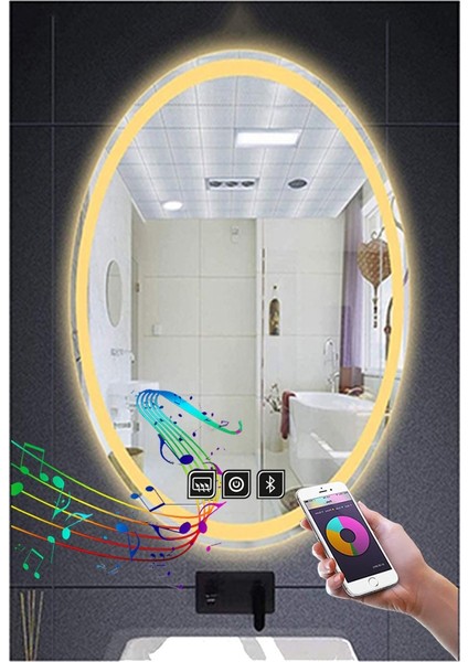 65X85 cm Müzik Çalarlı Dokunmatik Tuşlu Buğu Yapmayan Ledli Elips Banyo Aynası modelleri