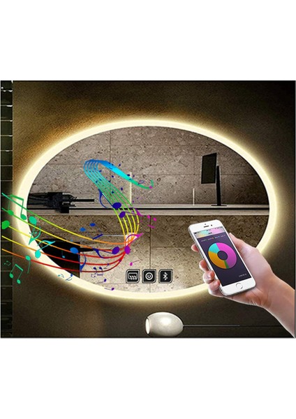 65X85 cm Bluetoothlu Dokunmatik Tuşlu Buğu Çözücü Ledli Elips Banyo Aynası