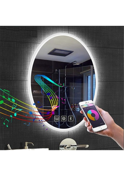 55X75 cm Bluetoothlu Dokunmatik Tuşlu Buğu Yapmayan Ledli Elips Banyo Aynası