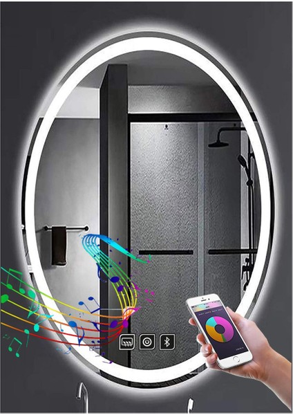 40X60 cm Müzik Çalarlı Dokunmatik Tuşlu Buğu Çözücü Ledli Elips Banyo Aynası