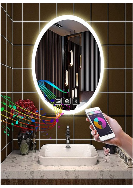 40X60 cm Müzik Çalarlı Dokunmatik Tuşlu Buğu Çözücü Ledli Elips Banyo Aynası