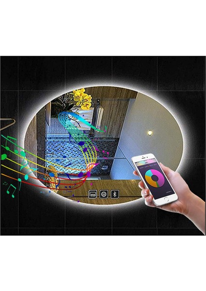 40X60 cm Müzik Çalarlı Dokunmatik Tuşlu Buğu Çözücü Ledli Elips Banyo Aynası
