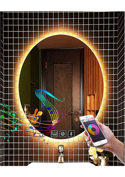 40X60 cm Müzik Çalarlı Dokunmatik Tuşlu Buğu Çözücü Ledli Elips Banyo Aynası