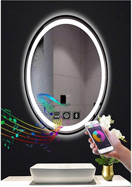 40X60 cm Müzik Çalarlı Dokunmatik Tuşlu Buğu Çözücü Ledli Elips Banyo Aynası